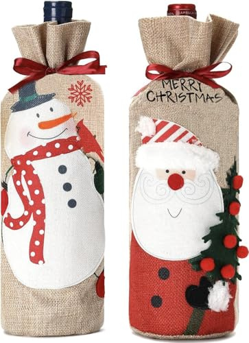 MAOSHYMS 2 Stück Weihnachten Weinflasche Abdeckung,Weihnachten Flaschen Deko Wiederverwendbare Sackleinen Wein-Geschenkbeutel, Weinflaschenbeutel, Weinbeutel für Hochzeit, Party