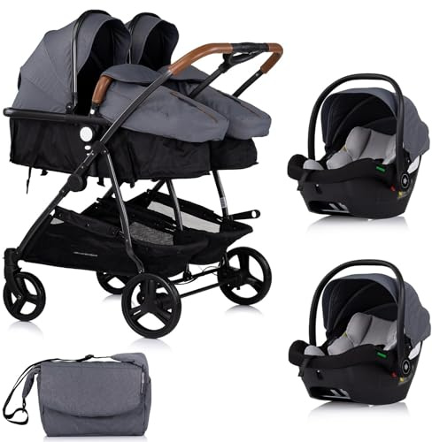 DUO SMART Cochecito para gemelos o niños de edades cercanas ancho 79 cm Gris + 2 acogedores i-Size gris
