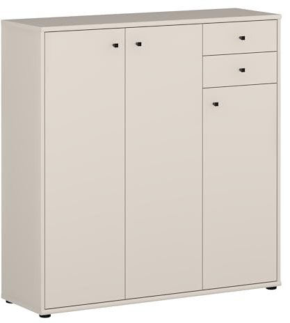 Forte TEMPRA 2 Kommode 100 110, Moderne Kommode 3-türig, 2 Schubladen, Schlafzimmer, Wohnzimmer, Büro, Holzwerkstoff, Kaschmir|Beige, 108,8 cm breit x 111,1 cm hoch x 34,8 cm tief
