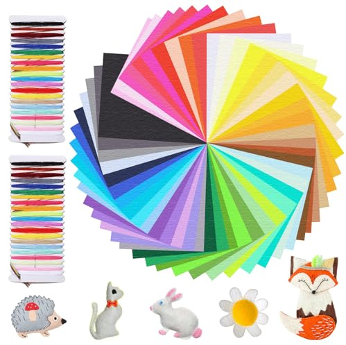 Rbleote 50 Farben Bastelfilz, Filzstoff Set, 20 X 30 cm Filz Zum Basteln, Wird mit Buntem Nähgarn und Handnähnadel Geliefert, für DIY-Bastelarbeiten, Nähen, Handgefertigte Dekoration