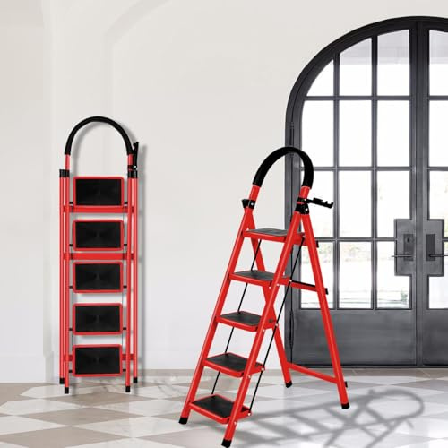 Escalera de acero de 5 escalones, taburete de pie plegable, escalera con patas antideslizantes Max 150 Kg-152 x 87 x 39 cm, 5 peldaños (rojo)