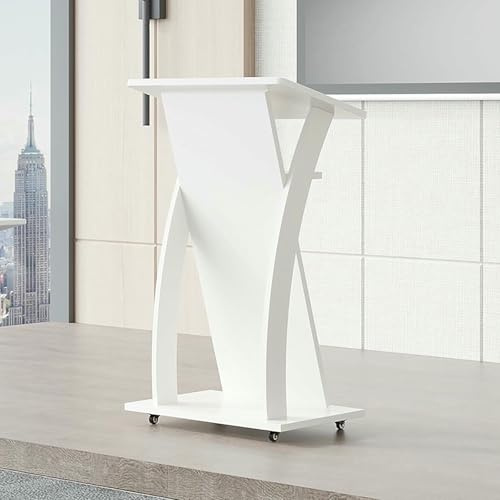AFLEPCBRQ Portable Podium Stand on Wheels - Adjustable Wood Lectern for Churches, Offices, Schools, and Conferences - Mobile Standing Desk with Reading Platform