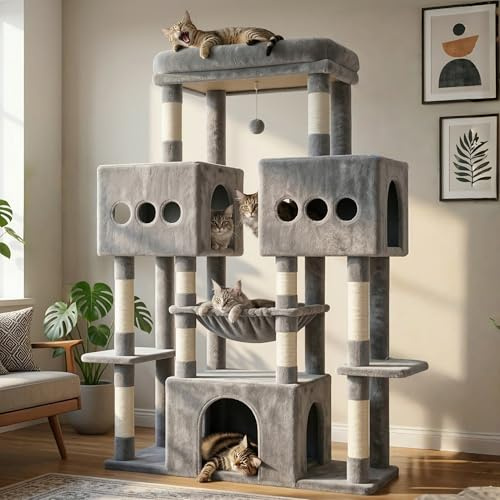 Hey-brother Kratzbaum, mehrstöckiger, für Maine Coon, mit 3 Höhlen, MPJ083W | 144cm hoher mehrstöckiger, für große Katzen, geräumigen Plattformen, Katzenwohnung und baumelndem Plüschball, Hellgrau