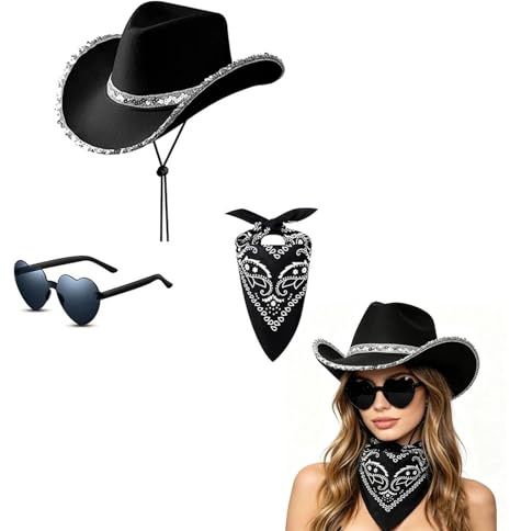 MAIKAOZAI Cowboyhut Damen Schwarz mit Sonnenbrille & Bandana Set - Cowgirl Outfit Accessoires für Western Party - Verstellbarer Cowboyhut für Frauen Rodeo & Country Music Festivals