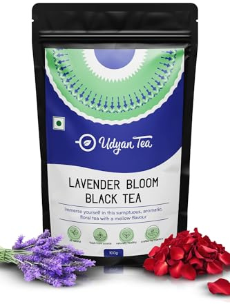 Udyan Tea Lavender Bloom Black Tea - 100g (50 Cups) | Aromatic Lavender & Rose Petal Blend | Promotes Sleep & Stress Relief | Loose Leaf | Relaxing Floral Rose Tea