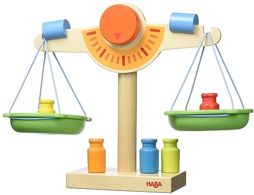 HABA 302639 - HABA-Kaufladen-Waage, Waage für Kaufmannsladen aus Holz mit zwei Waagschalen aus Kunststoff, 5 Messgewichten und 2 Ausgleichsgewichten, Spielzeug ab 3 Jahren
