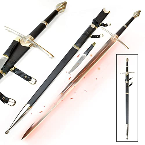 Swords and more Aragorn Schwert, handgeschmiedet, mit Dolch & Leder Scheide 129cm, Carbon Stahl LOTR Schwert scharf für Aragorn Kostüm