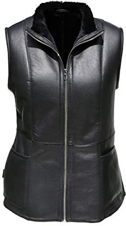 Hollert Damen Lammfellweste Emma Fellweste Lederweste echtes Merino Schaffell Lammnappa Outdoor Winter kuschelig-warm Reiterweste in Schwarz und Braun Größe M, Farbe Schwarz