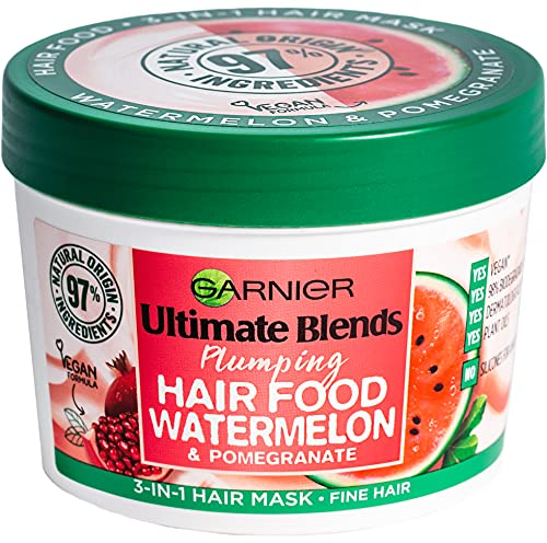 Garnier Hair Food 3-In-1 Fine Hair Treatment Mask, 4x More Plumped Hair, For Fine Hair, No Silicones, Vegan Formula, Watermelon, Ultimate Blends, 400ml (Packaging may vary)