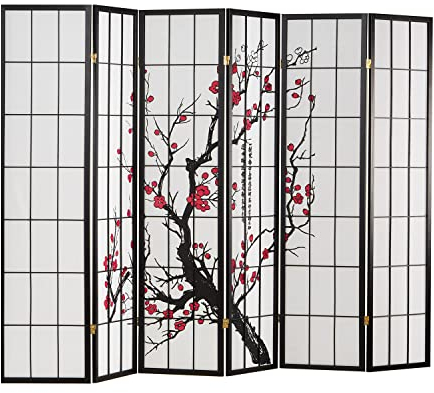 Homestyle4u Paravent Raumteiler Shoji 6 teilig Holz Schwarz Reispapier Weiß Kirschblüten