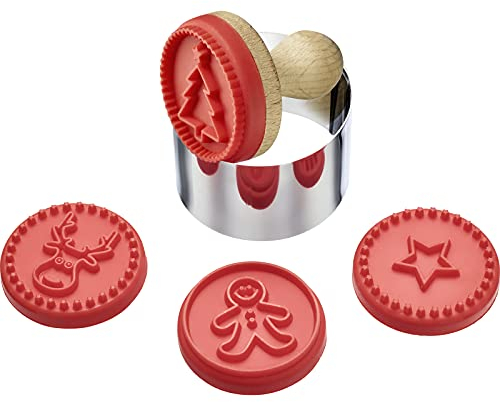 Westmark Set di Stampini per Biscotti, 6 Pezzi, Con 4 Motivi Natalizi, Ø ca. 5 cm, Acciaio Inox/Legno/Silicone, Argento/Marrone Chiaro/Rosso, 30352260