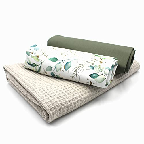 VmG-Store Waffelpique + Baumwollstoff Set farblich abgestimmt Waffel Stoff 100% Baumwollstoff Tex Standard 100 (Blumen Mint Set42)