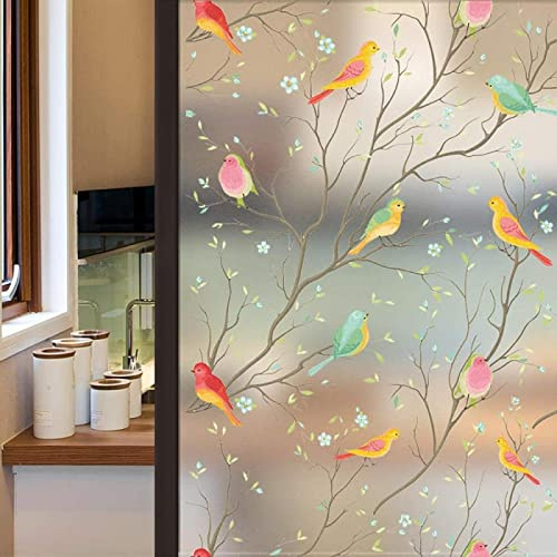 NCWANG Oiseau Fleur Coloré Film Fenêtre Vitre Anti Regard, Film Occultant Fenêtre, Adhésif électrostatique Film Fenetre Anti Regard, Idéal pour Bureau Chambre Cuisine Maison Salle de Bain 90x200 cm