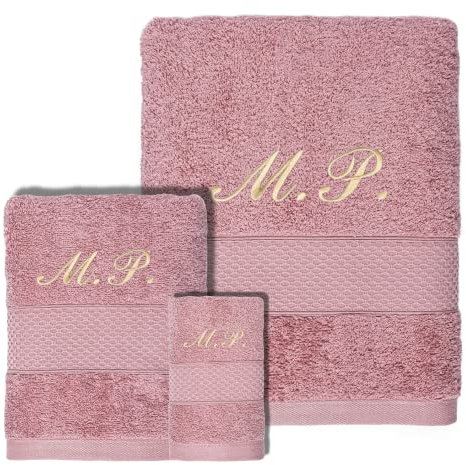 Nenel Set di asciugamani Personalizzati Ricamati - Asciugamani da bagno con Nome o Iniziali Ricamo - Morbidi e Assorbenti, 100% Cotone (1 A. toeletta + 1 A. mani + 1 A. bagno grande, Rosa cipria)
