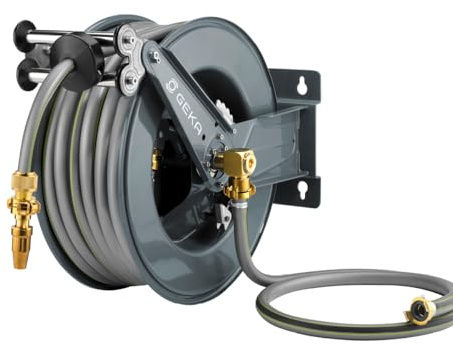 GEKA plus Automatischer Schlauchaufroller PA30SK (robuster Schlauchaufroller, Stahlkonstruktion, autom. Rückzug, schrittweise Arretierung, mit 30 m Wasserschlauch), Grau