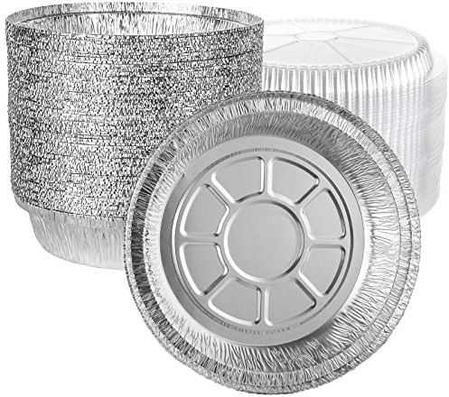 LOLYSIC 50 Pack 7 Inch Round Foil Trays with Lids, 720ml Aluminum Foil Containers, Disposable Tin Foil Trays Flan Pie Dishes for Air Fryer Oven Baking Roasting Takeaway Party Food Storage