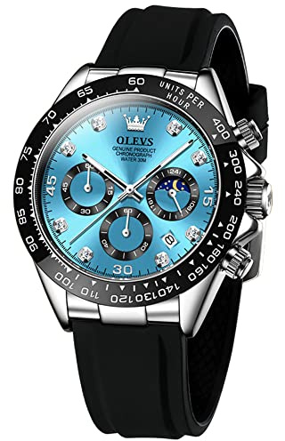 OLEVS Men Blue Analog Quartz Waterproof Watches Multifunction Chronograph Diamond Moon Phase Luminous Silicone Band Wrist Watches