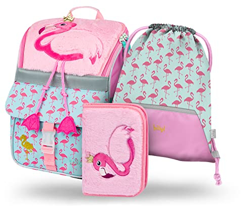 Baagl Schulranzen Mädchen Set 3 Teilig, Zippy Schultasche für 1. Klasse, Grundschule Ranzen Tornister mit Brustgurt, Ergonomischer Schulrucksack (Flamingo)