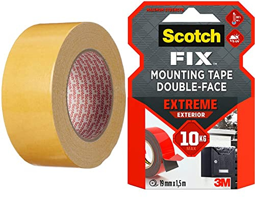3M 91915025 Ruban Adhésif Double Face 50 mm x 25 m & Scotch-Fix Ruban Adhésif Double Face de fixation Extrême pour Extérieur, 19 mm x 1,5 m - Pour un Usage Extérieur extrême