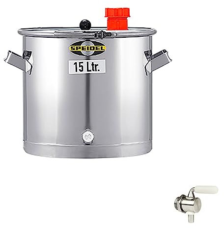 Gärbehälter Edelstahl 280 mm D, 15 Liter inklusive V2A Ablasshahn, Universalfass V2A Edelstahl für Lagerung, Transport und Vergären von Most, Wein, Saft, Gärfass Edelstahl 15L