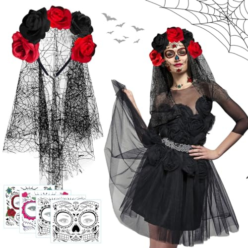 LGZIN Tag der Toten Haarreif Mit 4 Gesichtstattoos, Dia De Los Muertos Haarschmuck Mit Rosen und Schleier für Halloween, Karneval, Fasching, Mottoparty