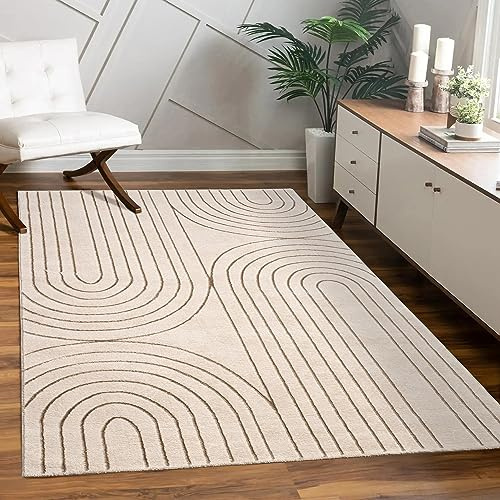 Paco Home Teppich Wohnzimmer Schlafzimmer Moderner Kurzflor glänzendes Palmen-Muster Florales Design Geometrisch Hoch-Tief-Effekt 3D, Grösse:200x290 cm, Farbe:Creme