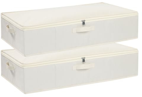 YheenLf 2 Stück Unterbettbox, Unterbett Aufbewahrungsbox mit deckel, Faltbare Stoffboxen mit Verstärktem Griff und Reißverschluss für Bettdecken Decken Kleidung, Beige, 60x30x15cm