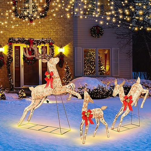 COSTWAY Light Up Reindeer Family, 3 Pieces Garden Christmas Figure Decorations with 230/255 Warm White Lights, Pre-Lit Xmas Ornament for Holiday Festivel（Large)