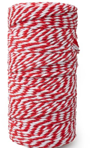 Craft County Cordel decorativo de algodón para envolver regalos, color rojo y blanco (tubo de 100 m)