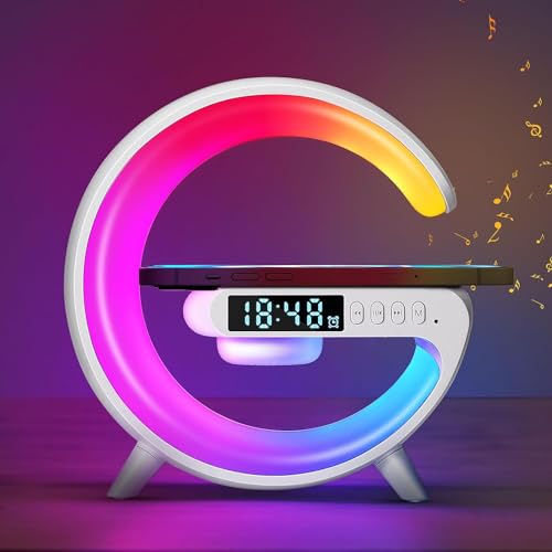 SUNJULY Led Wireless Charger Lamp, G Shaped Lamp Phone Charger Bluetooth Speaker with 10 Lighting Modes and 5w Wireless Fast Charging, Dimmable Bedside Lamps and Alarm Clock, Gifts for Boys Girls