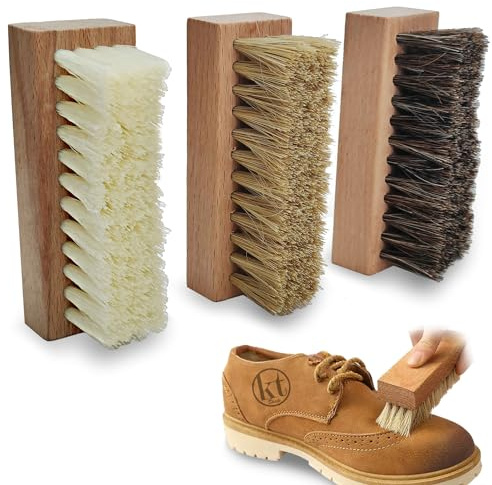 Small Shoe Cleaning Brush Set of 3 Brushes with Nylon, Boar and Horsehair Bristles, Wooden Sneaker Cleaner Brushes for Leather, Suede, Canvas, Textile, Bags and Accessories (3)