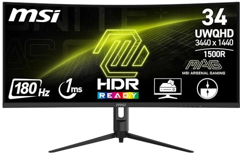 MSI MAG 342CQR E2 34 Inch UWQHD Curved Gaming Monitor - 1500R 3440 x 1440 VA Panel, 180 Hz / 1ms (MPRT), Adaptive Sync - DP 1.4a, HDMI 2.0b CEC
