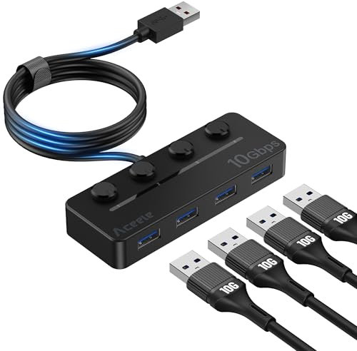 Aceele Sdoppiatore Hub USB 3.2 a 4 Porte con Interruttori LED On/Off Individuali, Multi Porta USB con Cavo Lungo 120cm, 10Gbps Adattatore Multipla USB per Laptop, MacBook, PS5, Disco Rigido e Altro