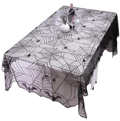 Mantel de Halloween, Telaraña Mantel gótico de encaje, Mantel Rectangular de Encaje con telarañas, decoración con telarañas de fiesta, decoraciones de mesa de halloween, 122 x 244 cm, negro