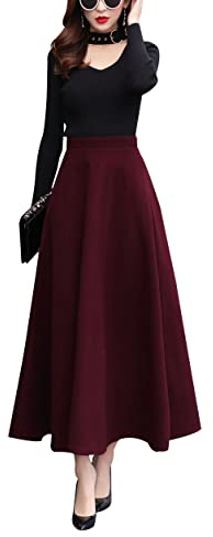 Falda larga vintage de cintura alta para mujer, acampanada, elegante falda midi de lana sólida para otoño/invierno, rojo vino, L