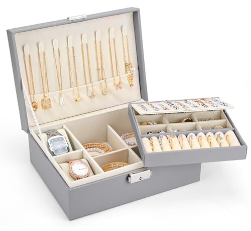 Sofore Portagioie da ragazza, a 2 ripiani, grande con 2 cuscini, in pelle PU, per orecchini, anelli, collane, orologi, bracciali, grigio scuro