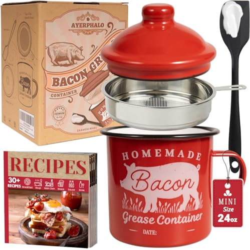 Ayerphalo Bacon Grease Container with Strainer - With Food-Grade Silicone Spatula, 24oz Enamel Rustic Farmhouse Fat Container, Keeper, Recipes, Dishwasher Safe