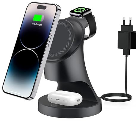 3 in 1 Magsafe Ladegerät, Induktive Kabelloses Ladestation für iPhone 17/16/15/14/13/12/Plus/Pro Max/Mini,Wireless Charger für Apple Watch 9/8/7/6/SE/5/4/3/2, AirPods Pro/2/3 mit Adapter (Schwarz)