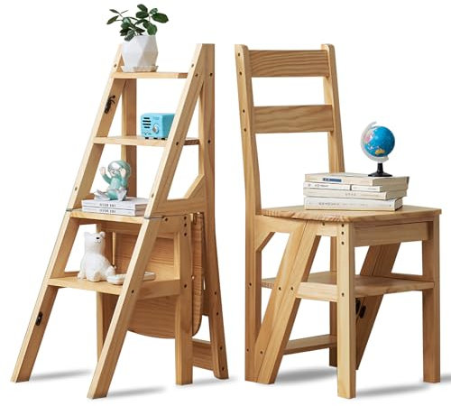 Scala a gradini, 4 gradini, pieghevole, 2 in 1, scaletta e sedia pieghevole in legno, portata fino a 180 kg, adatta per cucina, casa, biblioteche (colore legno)