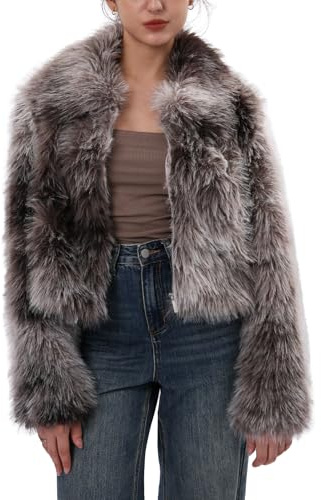 Amazhiyu Cappotto di Pelliccia da Donna, Giacca in Pelliccia Sintetica, Cappotto Corto in Pile, Grigio, L