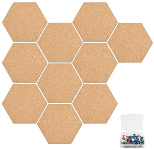 Comzantor 10 Pièces Panneau de Liège Hexagonal, Tableaux d'Affichage Mural, Tableau en Liege Autocollant, Panneaux en Feutre,pour Suspension de Photos, Décoration Murale, avec Une boîte de Punaises