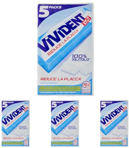 Vivident Xylit, Chewing Gum, Gusto Menta, Senza Zucchero, Senza Glutine, con Xilitolo, Confenzione da 5 Stick ciascuno da 10 Gomme da Masticare (Confezione da 4)
