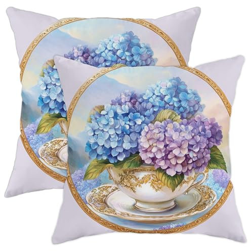 Set di 2 federe decorative per cuscini con ortensia, blu e viola, cuscini decorativi per la casa e il soggiorno, decorazioni primaverili, accenti in stile vintage, per divano 50 x 50 cm
