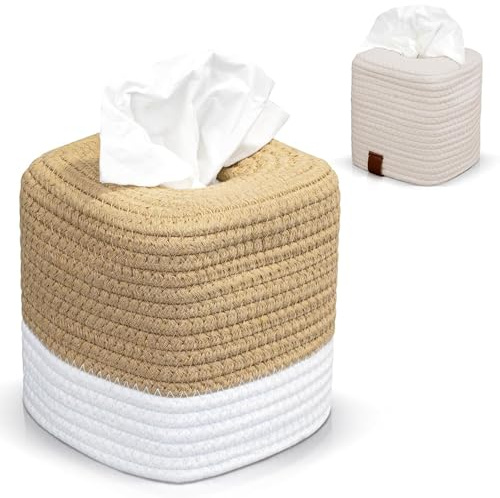 Rarapop Kosmetiktücherbox quadratisch, Stilvolle Taschentuchbox aus Baumwolle im Würfel-Design – die perfekte Deko für Ihr Badezimmer oder Home-Office (Jute White)
