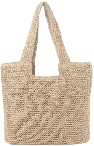 Nayubo Strandtasche für Frauen Weben lässige Retro-Tasche mit Reißverschluss Weiche große Schulterhandtasche Geldbörse für Sommerreisen Urlaub Einkaufen Picknick Schwimmen (Beige)