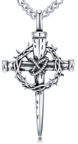 PDTJMTG Nagelkreuz Anhänger Halskette für Männer, 925 Silber, Dornenkrone Kreuz Schmuck, Geschenk für Vater und Sohn