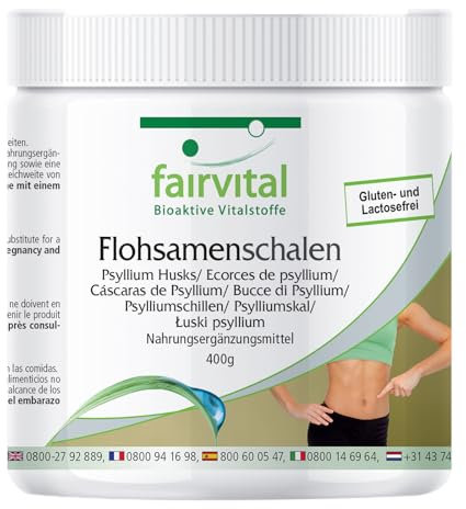 Fairvital | Bucce di psillio - 400g - A basso contenuto di carboidrati - Ad alto contenuto di fibre - Altamente biodisponibile - Qualità testata e altamente dosata - 100% vegan - Made in Germany