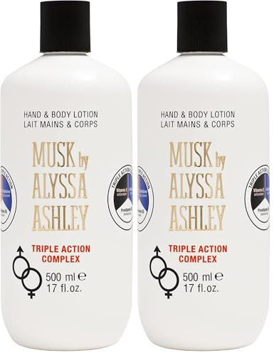 Alyssa Ashley - Crema Corpo e Mani al Muschio, Lozione Musk, Tripla Azione Idratante, Emolliente e Tonificante, Ideale per Secchezza della Pelle - 500 ml (Confezione da 2)