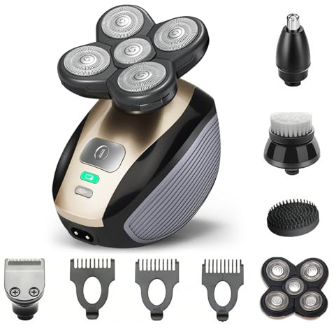 Hugdew Rasoio elettrico 5 in 1 per uomini calvi, con batteria ricaricabile, tagliacapelli, rasoio portatile da viaggio, idea regalo per uomini (oro)