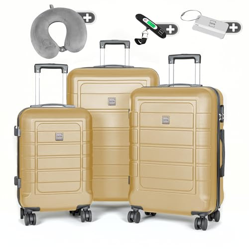 byme Set di valigie rigide da 3 pezzi, 4 ruote, valigetta da viaggio + manico telescopico, valigetta rigida in ABS, con cuscino cervicale, carrello bagagli e 3 etichette per bagagli, 34 l, 55 l, 84 l
